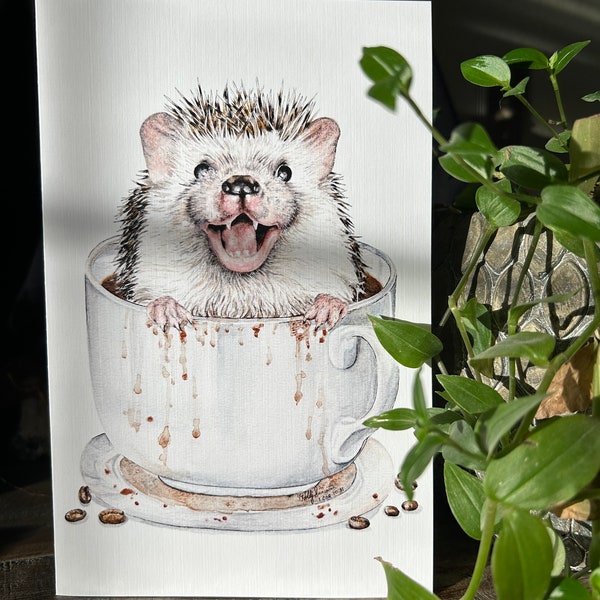 Coffee Hog hedgehog large watercolor fine art card personalized or blank