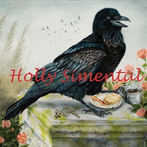 Breakfast With The Raven coffee bird oil painting signed printby Holly Simental image 1