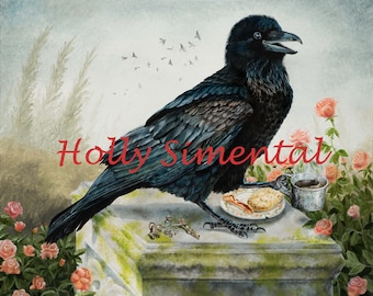 Breakfast With The Raven coffee bird oil painting signed printby Holly Simental