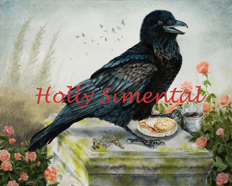 Breakfast With The Raven coffee bird oil painting signed printby Holly Simental image 1
