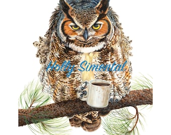 Up All Night whimsical great horned owl poster by Holly Simental