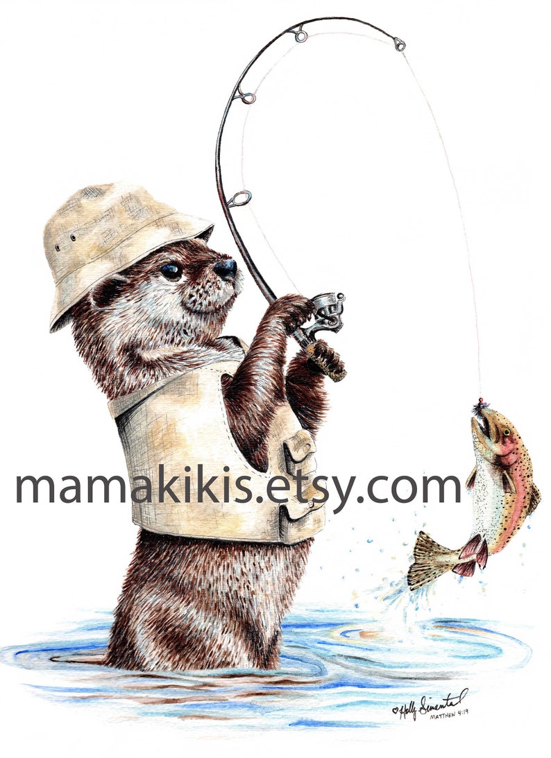 Nature's Fisherman , signed print otter fishing trout watercolor painting by Holly Simental image 1