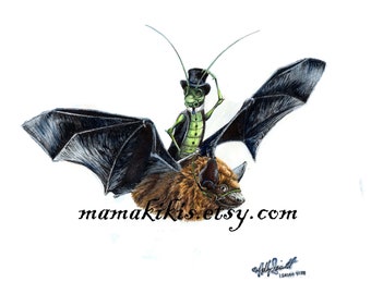Rider in the Night , whimsical cricket bat animal poster by Holly Simental