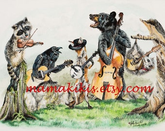 Bluegrass Gang , whimsical band musical wildlife watercolor poster by Holly Simental