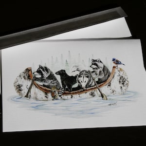 Critter canoe large fine art card. Forest animals. Blank