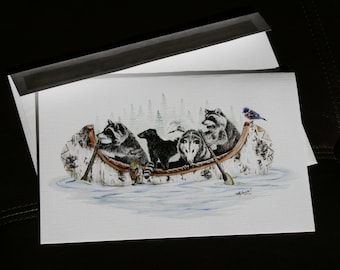 Critter canoe large fine art card. Forest animals. Blank