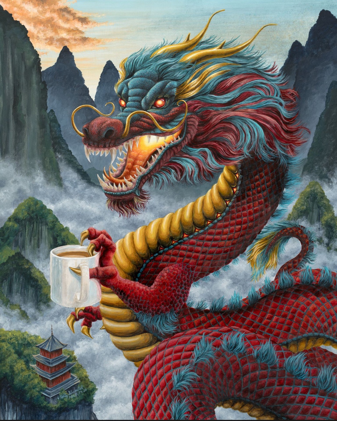 Zhulong Coffee Dragon, Coffee Cup Acrylic Painting Signed Print by