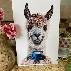 Llama Latte coffee watercolor large fine art card personalized or blank