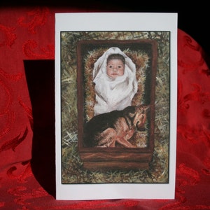 Niño Jesús con cachorro Tarjeta navideña cristiana grande, pastor alemán, con el Niño Jesús en el pesebre.