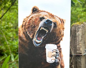 Grizzly morning coffee whimsical bear animal fine art card blank