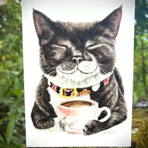 coffee whimsical cat fine art card. Animal Blank