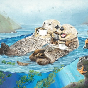 We Have Each Otter , otters in love with coffee oil painting signed print by Holly Simental