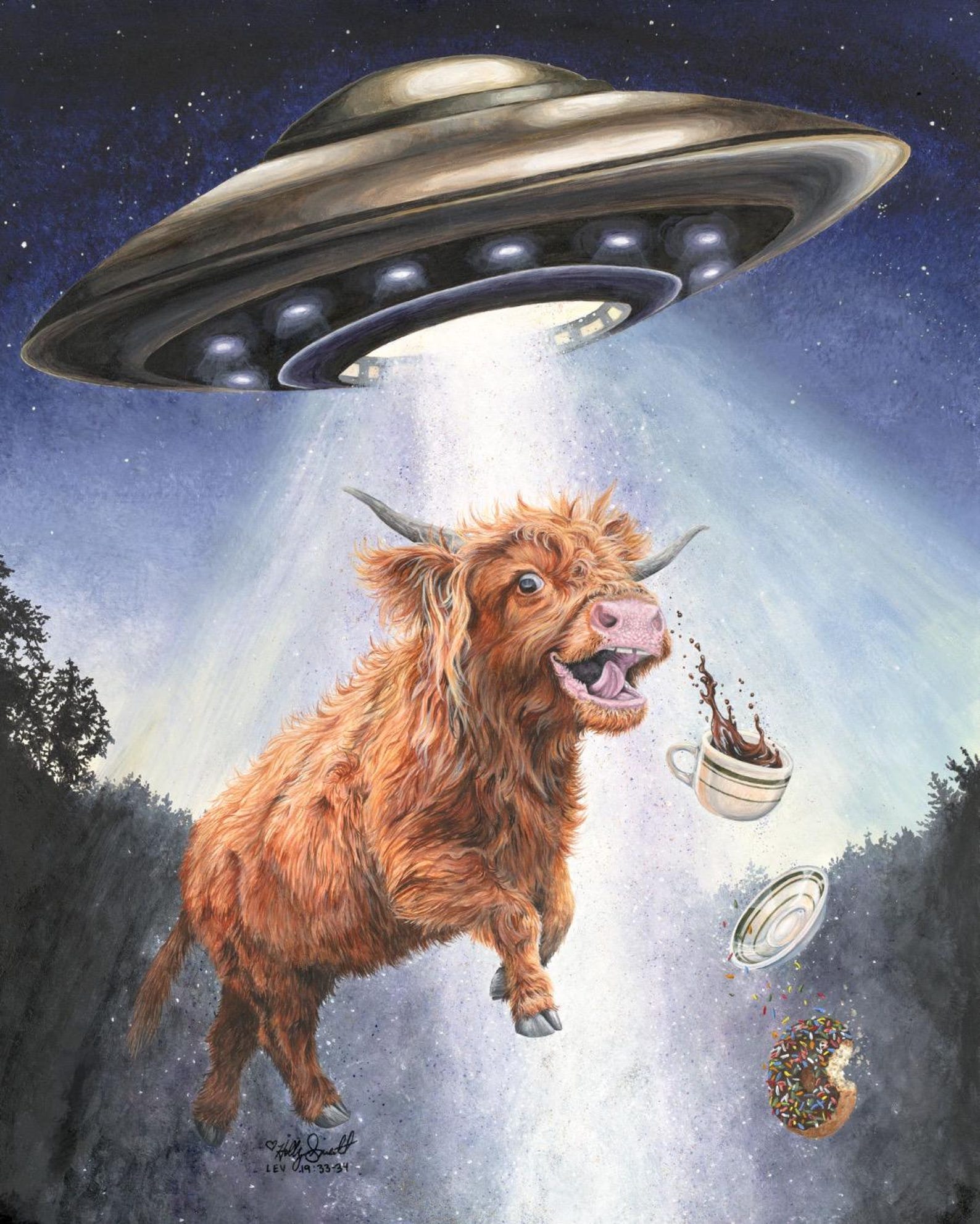 UFO West Highland Cow Coffee Animal Alien Abduction Signed Giclee Print ...