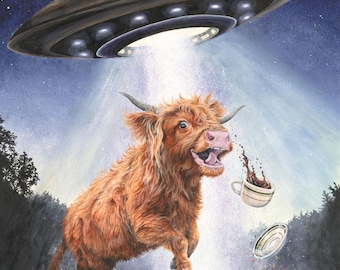 UFO västra höglandsko kaffe djur utomjordisk bortförande signerat Giclée-tryck av Holly Simental