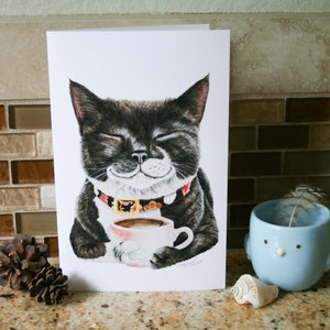 Purrfect Morning coffee cat large fine art card. Blank or free custom inscription.