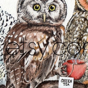 Tea owls , funny owl tea time painting signed print by Holly Simental image 4