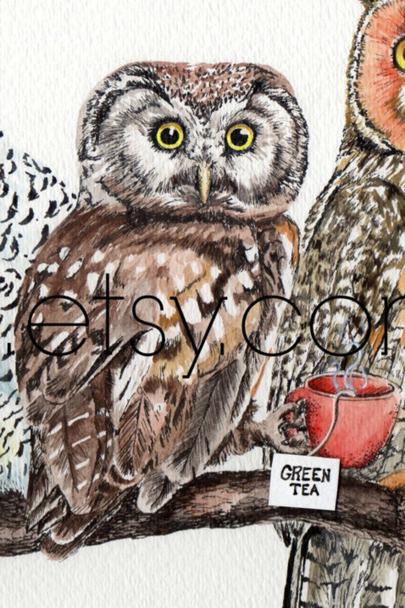 Tea Owls Funny Owl Tea Time Painting by Holly Simental Etsy