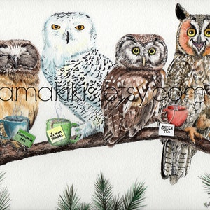 Tea owls , funny owl tea time painting signed print by Holly Simental image 1