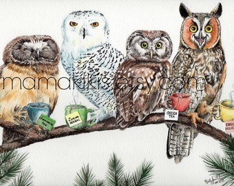 Tea owls , funny owl tea time painting signed print by Holly Simental