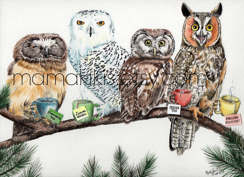 Tea owls , funny owl tea time painting signed print by Holly Simental image 1