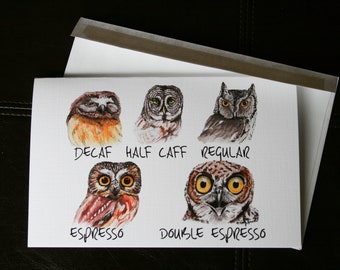 Funny owl coffee caffeine large fine art card. Blank or free custom inscription