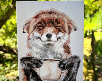 Coffee Fox  watercolor art card  blank