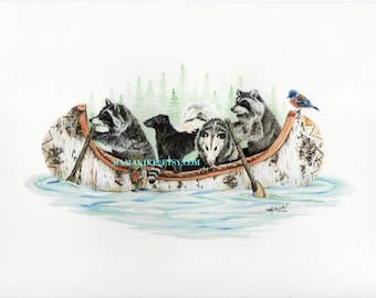 Critter Canoe, pintura de acuarela de vida silvestre de animales de montaña firmada por Holly Simental