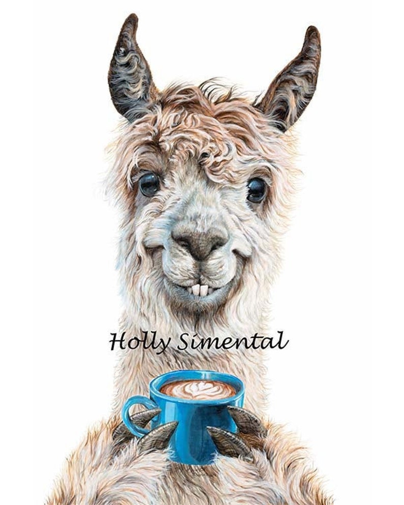 Llama Latte, coffee animal acrylic painting signed print by Holly Simental image 1