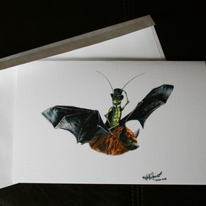 Grande carte d'art aquarelle petite chauve-souris brune et cricket, vierge