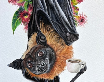 Batty Before Coffee bat animal watercolor painting signed print by Holly Simental