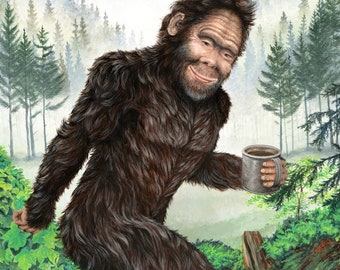 Bigfoot Brew Sasquatch Kaffeewald Acrylgemälde signierter Druck von Holly Simental