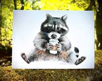 Raccoon whimsical coffee animal fine art card  blank