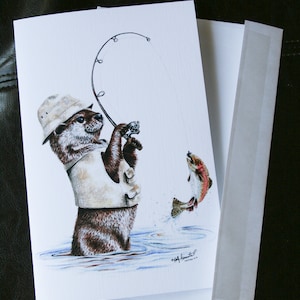 Nature's Fisherman nutria de río pesca trucha acuarela gran tarjeta de bellas artes en blanco