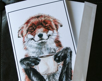 Coffee Fox large watercolor fine art card personalized or blank