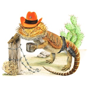 Draggin&#39; In The Morning , bearded dragon lizard with coffee cup whimsical watercolor painting signed print by Holly Simental