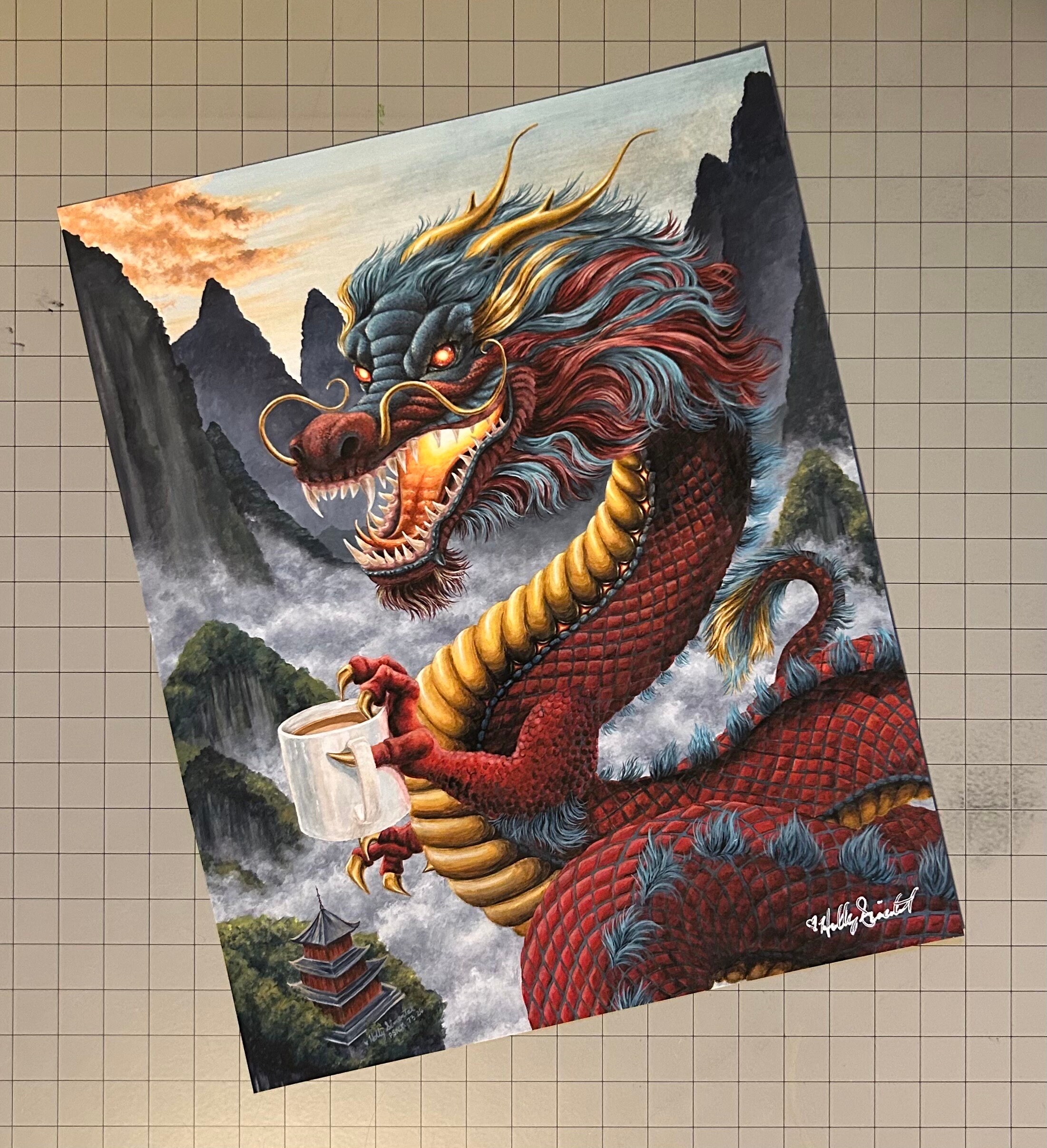 Zhulong Coffee Dragon, Coffee Cup Acrylic Painting Signed Zhulong Coffee Dragon, Coffee Cup Acrylic Painting Signed