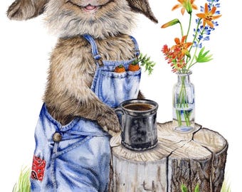 Stampa Giclée firmata con coniglio e caffè, animale stravagante