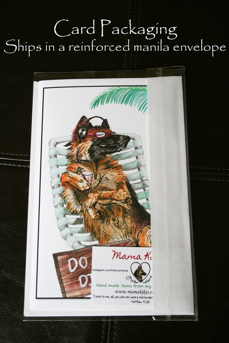 May include: A watercolor illustration of a German Shepherd dog wearing headphones and sunglasses, relaxing on a lounge chair under a palm tree. The dog is holding a drink in its paw. The illustration is on a white card with a brown wooden sign that says "DO DO" and a small business card with the text "Mama Ki" and the website address "www.mamakikis.e".
