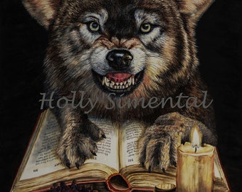 Fiction in the flesh, wolf book candle watercolor poster by Holly Simental