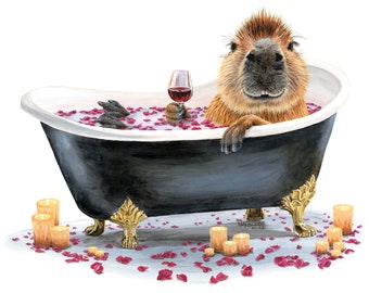 Happy Cappy Bath capybara wine whimsical acrylic bathroom painting signed print by Holly Simental