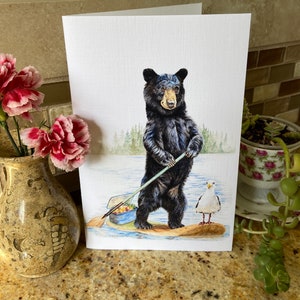 Paddle boarding bear watercolor large fine art card personalized or blank