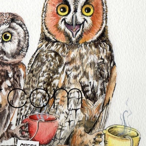 Tea owls , funny owl tea time painting signed print by Holly Simental image 5