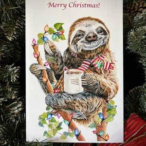 Top of Christmas Morning sloth coffee watercolor large fine art card blank