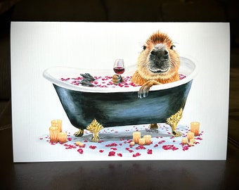 Capybara wine bath tub large fine art card. Blank or free custom inscription