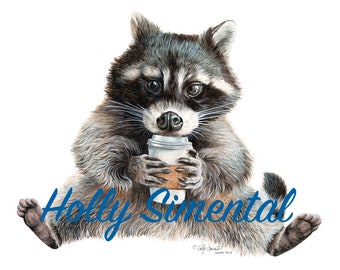 Rocket Fuel raccoon coffee whimsical poster by Holly Simental