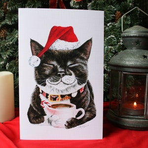 Grande carte fine art aquarelle Noël chat café à l'intérieur