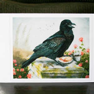 Breakfast with the raven coffee garden large fine art card. Forest animals bird. Blank or free custom inscription.