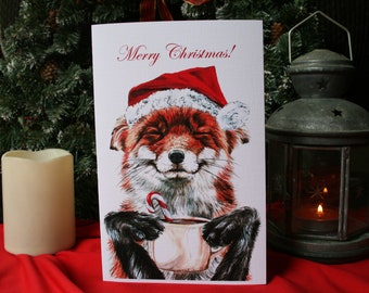 Morning Fox Coffee Christmas watercolor large fine art card personalized or blank