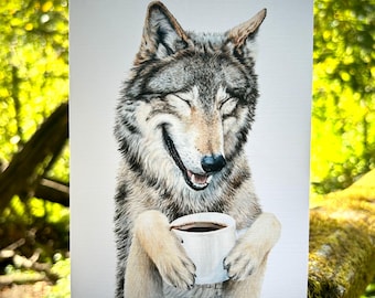 Coffee wolf whimsical animl art card blank