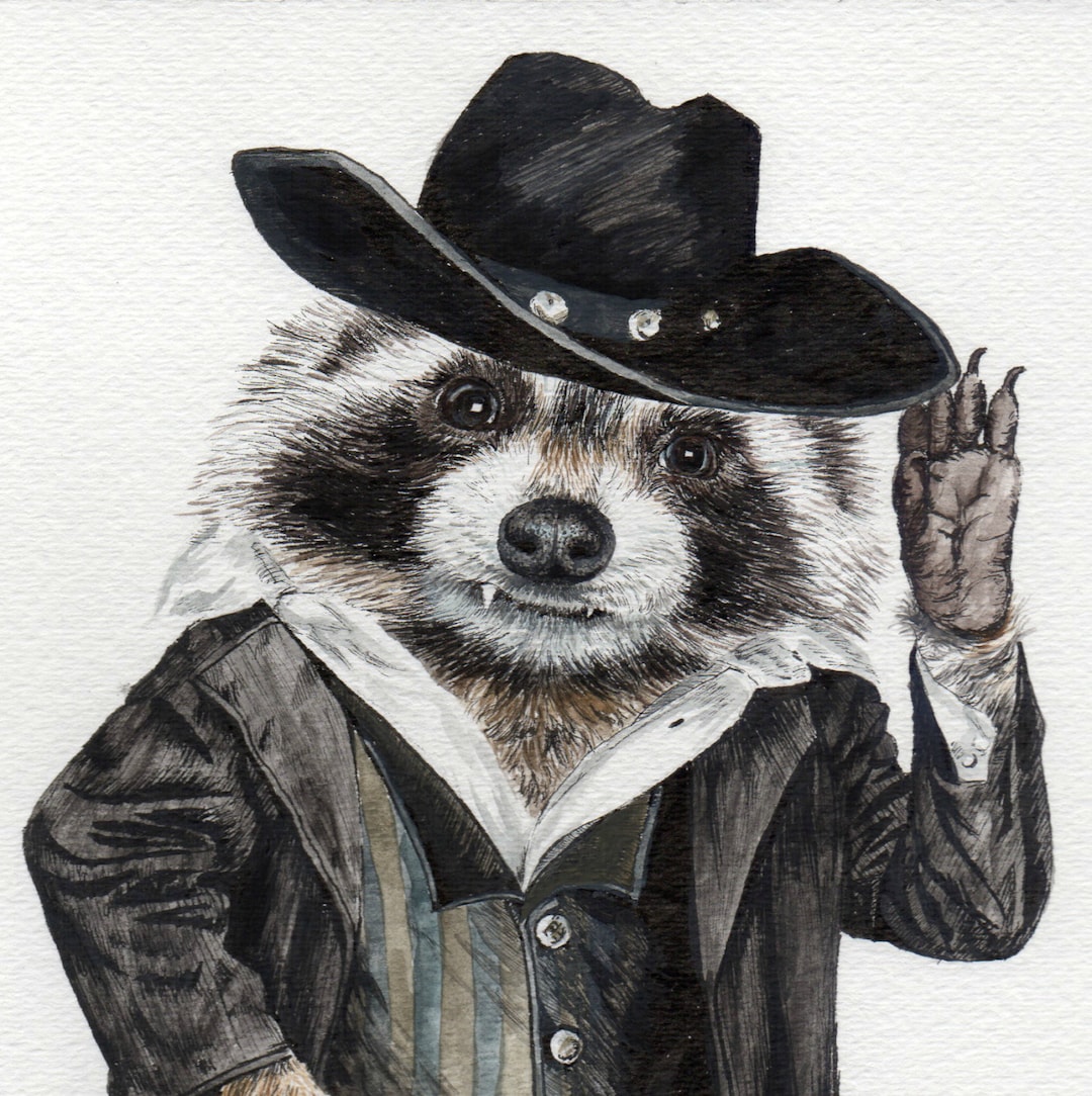Raccoon Bandit , Western Raccoon Whimsical Animal Poster by